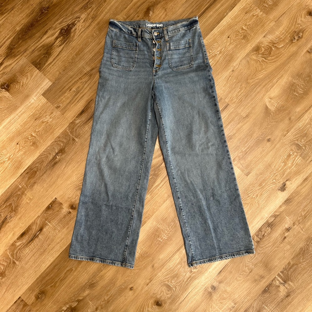 Lands' End Wide-Leg Button-Fly Jeans in Light Blue Wash